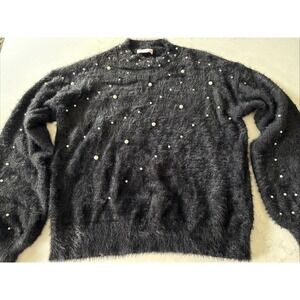Pink Lily Sweater Womens Small Black Fuzzy Pearls‎ Nylon Blend Balloon Sleeve